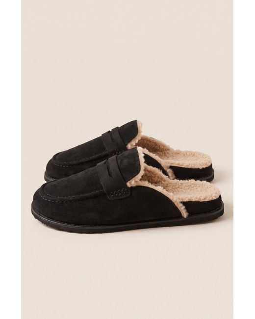 Rebellious Fashion Black Faux Suede Faux Fur Lined Loafer Mules
