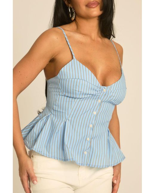 Rebellious Fashion Blue Stripe Button Front Peplum Top