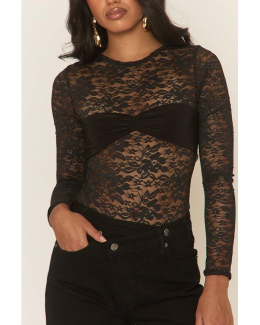 Rebellious Fashion Black Lace Gathered Bust Bodysuit