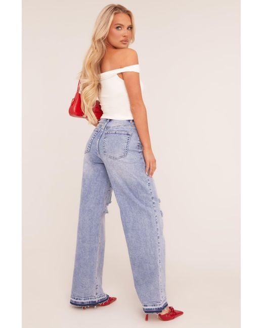 Rebellious Fashion Blue Light Stretch Distressed Wide Leg Jeans