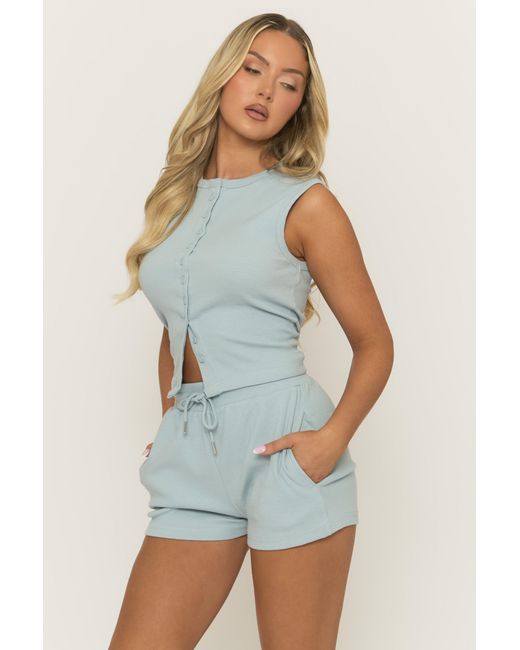 Rebellious Fashion Blue Light Sleeveless Button Front Rib Top And Short Co-Ord Set