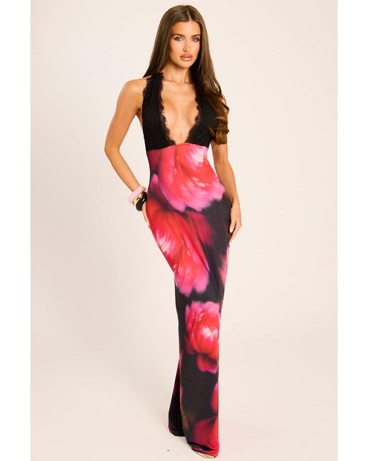 Rebellious Fashion Red Lace Cup Floral Maxi Dress