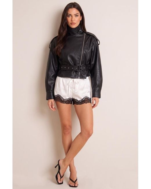 Rebellious Fashion White Satin Contrast Lace Trim Shorts