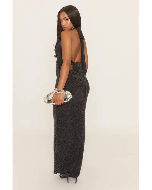 Rebellious Fashion Black Glitter Halterneck Tie Back Maxi Dress