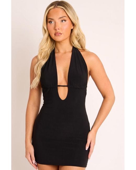 Rebellious Fashion Black Plunge Keyhole Halter Mini Dress