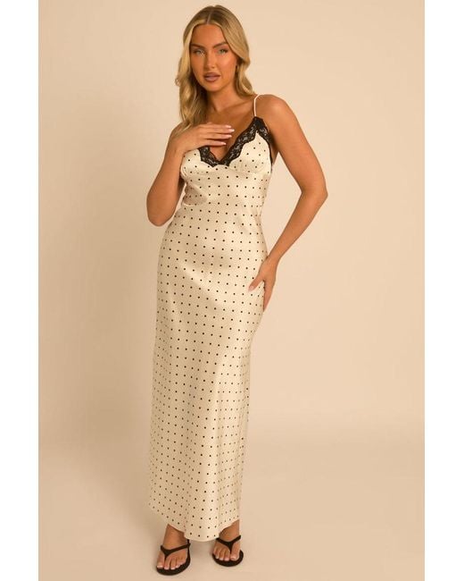 Rebellious Fashion Natural Ivory Polka Dot Satin Slip Maxi Dress
