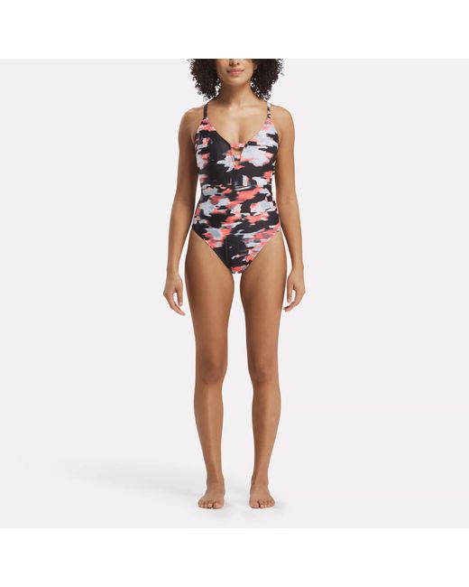 Reebok Multicolor Elite Camo Plunging One-piece Swimsuit With Strappy Details