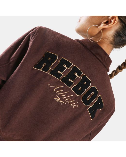 Reebok Brown Elevated Athletic Cropped Varsity Bomber Jacket