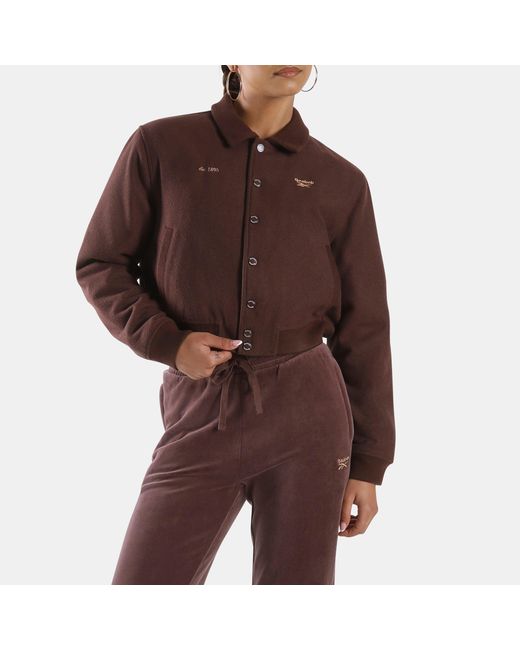 Reebok Brown Elevated Athletic Cropped Varsity Bomber Jacket