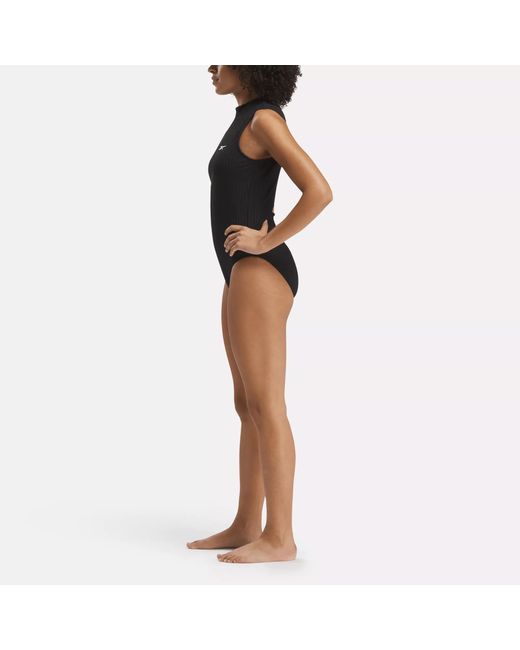 Reebok Black High Neck One Piece Swimsuit With Center-front Zipper And Collar