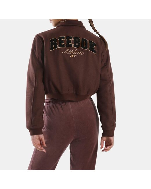 Reebok Brown Elevated Athletic Cropped Varsity Bomber Jacket
