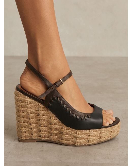 Reiss Natural Chocolate & Leather Whipstitch Wedges Sandals
