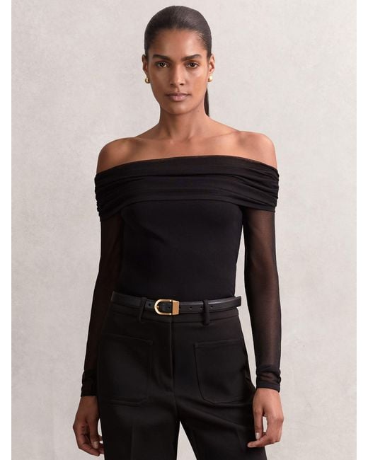 Reiss Black Sheer Mesh Bardot Top