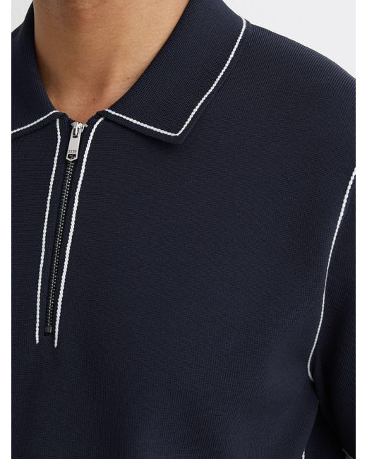 Reiss Blue Stitch-Detail Half-Zip Polo Shirt for men