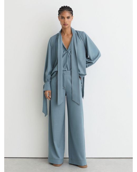 Reiss Blue Denim-Look Tie-Neck Blouse