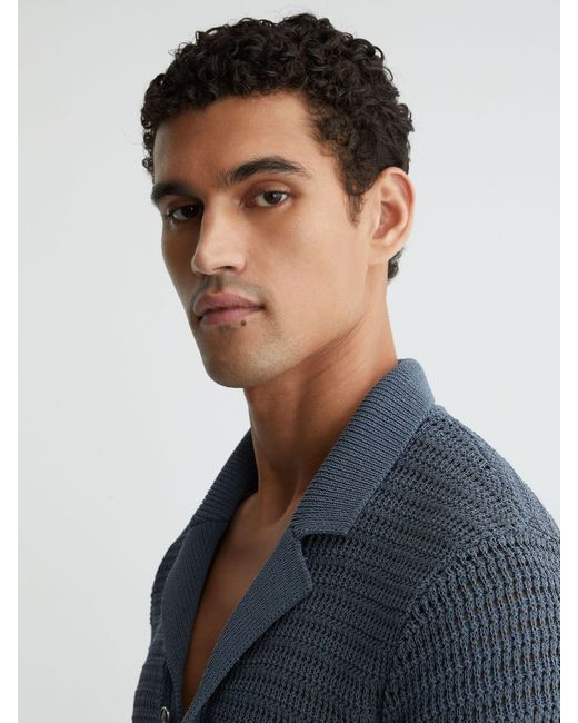 Reiss Blue Open-Knit Button-Through Shirt for men