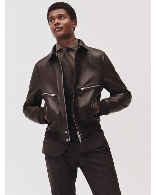 Reiss Black Burnished-Leather Zip-Through Jacket for men