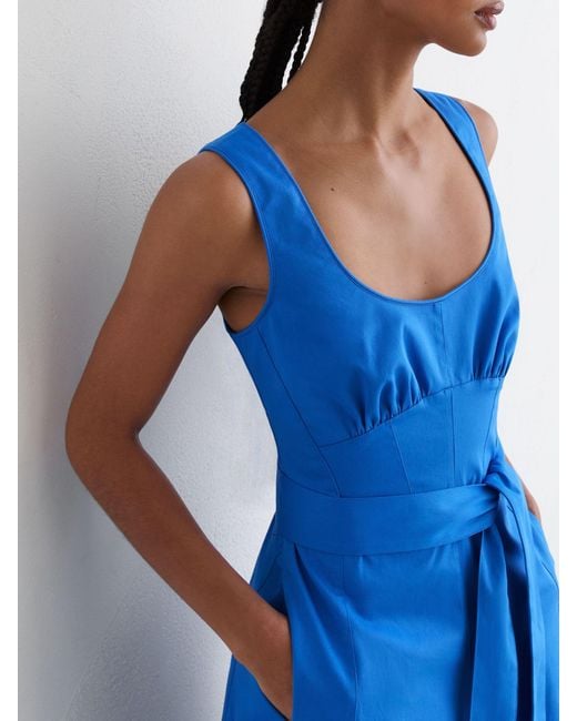 Reiss Irina - Blue Cotton Belted Midi Dress With Stretch, Us 6