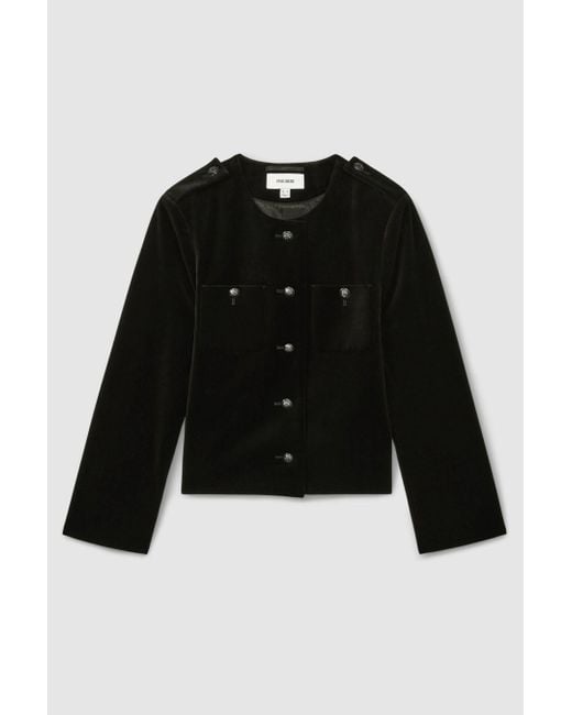 Reiss Black Viola Velvet Jacket Cotton Plain