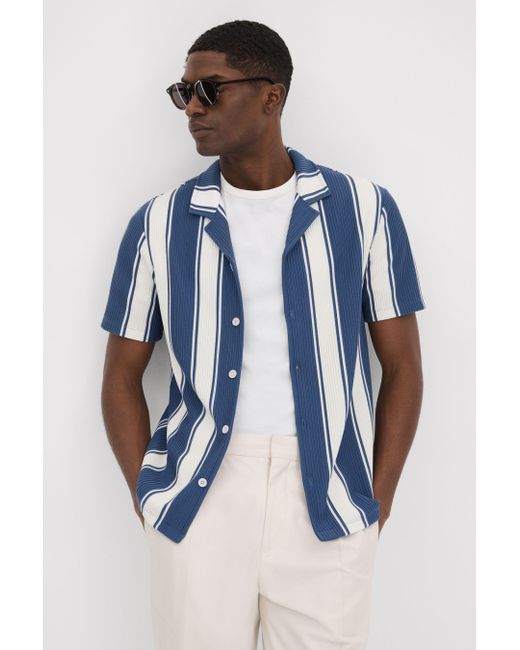 Reiss Alton - Airforce Blue/white Slim Fit Ribbed Cuban Collar Shirt for men