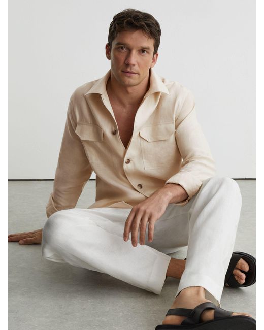 Reiss Natural Linen Herringbone-Stripe Regular-Fit Shirt for men