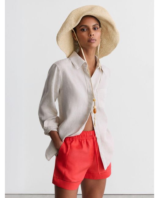 Reiss Red Riley - Coral Linen Ladder-embroidery Shorts, Us 6