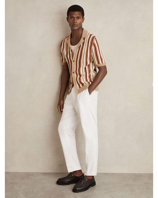 Reiss Brown Carrington - Camel Multi Cotton Crochet Stripe Cuban Shirt, L for men