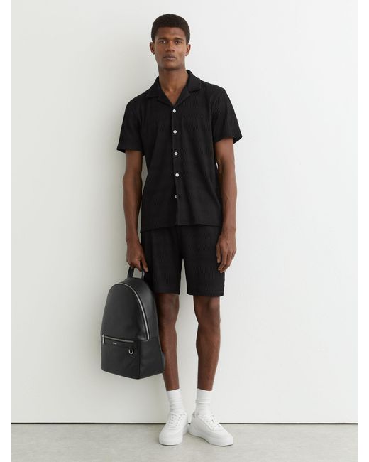 Reiss Black Textured-Wave Cuban-Collar Shirt for men