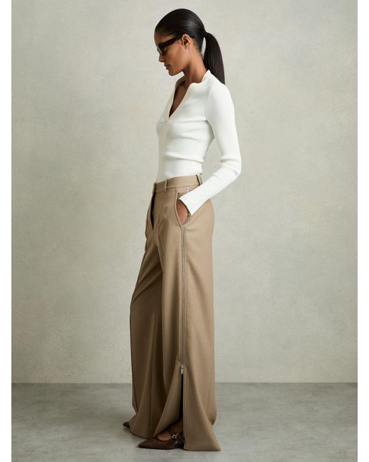 Reiss Natural Elyn - Sage Green Wide-leg Side-zip Trousers, Us 0 L