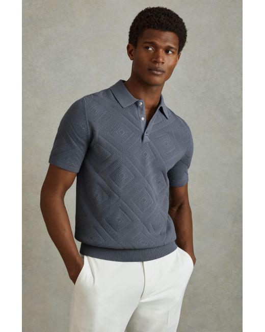 Reiss Lupton - Airforce Blue Cotton Textured Press-stud Polo Shirt, Xl for men