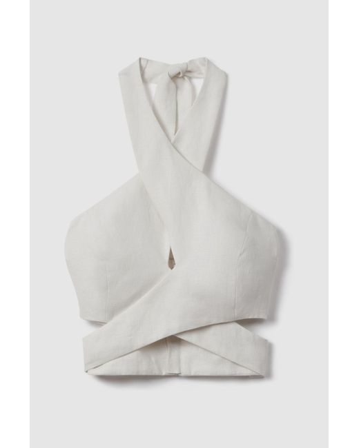 Reiss Natural Abigail - White Linen Halter Neck Cropped Top, Us 4