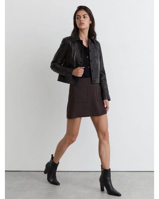 Reiss Black Leather Chisel-Toe Block-Heel Ankle Boots