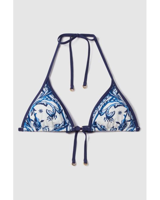 Reiss Tina - Blue Print Printed Contrast Trim Bikini Top, Us 10