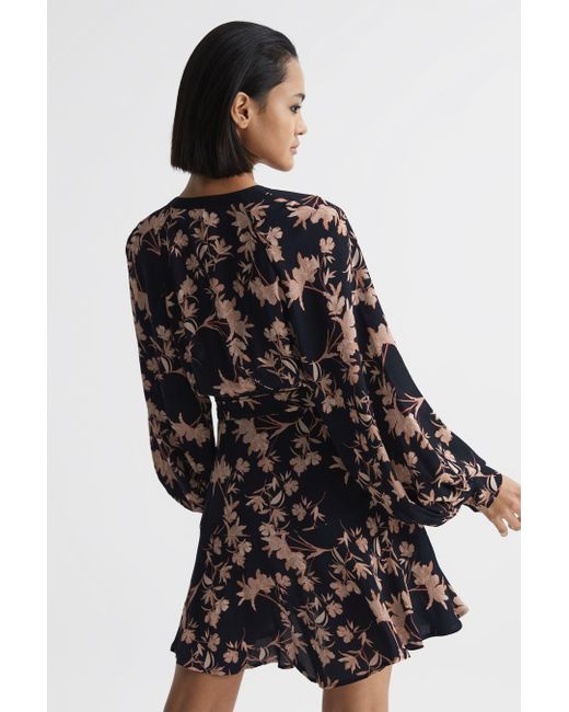 Reiss Multicolor Kerina - Pink/black Floral Print V-neck Dress, Us 12