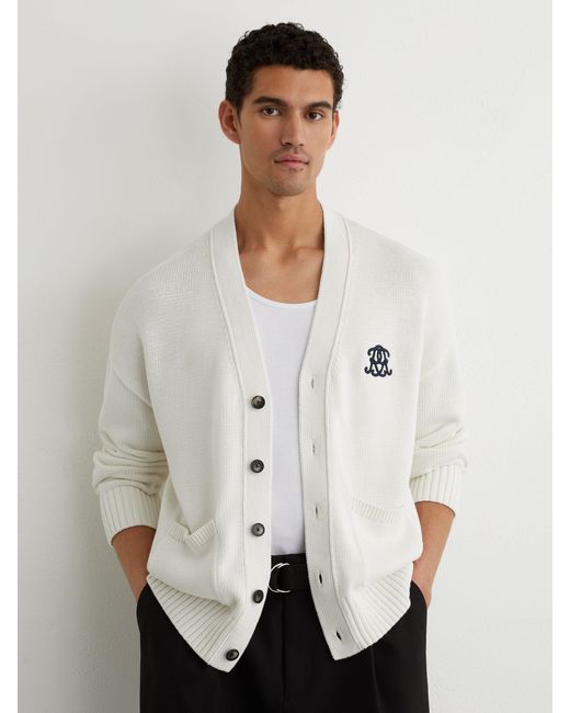 Reiss White Coates Monogram-Embroidered Relaxed Cardigan for men