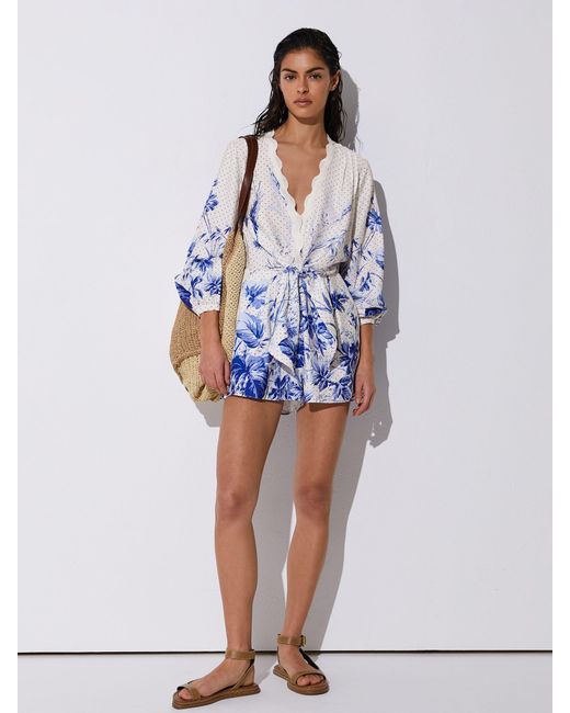 Reiss White Bonnie - Blue/ivory Scarf-print Beach Cover-up Playsuit, Us 10