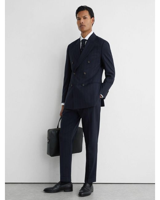 Reiss Blue Virgin Wool Pinstripe Double-Breasted Suit Blazer Tailored-Fit for men