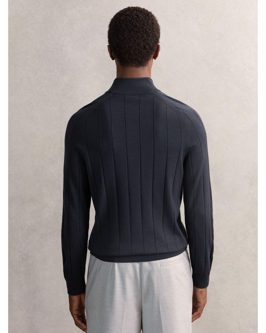 Reiss Blue Wool Wide-Rib Half-Zip Jumper for men
