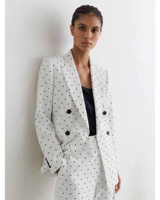 Reiss White Polka-Dot Double-Breasted Suit Blazer
