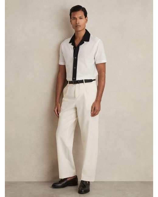 Reiss Natural Aster - White/navy Cotton Textured Colour-block Shirt, Xxl for men