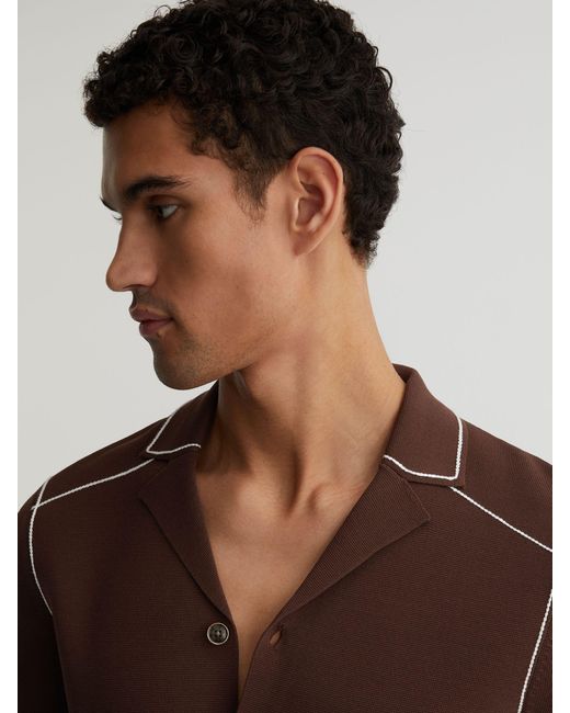 Reiss Brown Stitch-Detail Cuban-Collar Knit Shirt for men