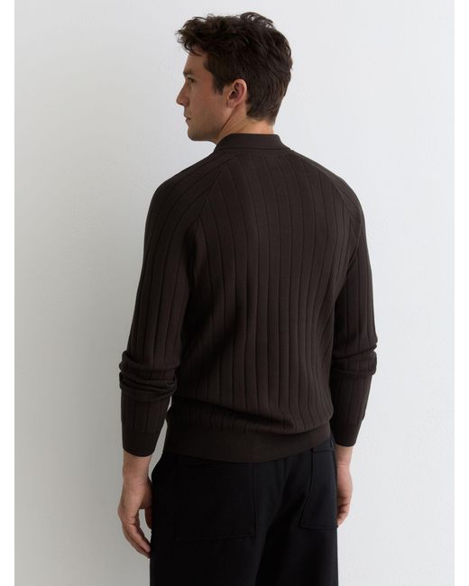 Reiss Black Wide-Ribbed Half-Button Polo Jumper for men