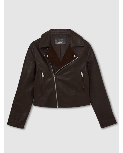 Reiss Black Lidia Petite Suede-Lapel Leather Biker Jacket