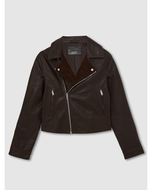 Reiss Black Petite Suede-Lapel Leather Biker Jacket