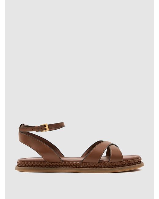 Reiss Brown Leather Plaited-Detail Flat Sandals