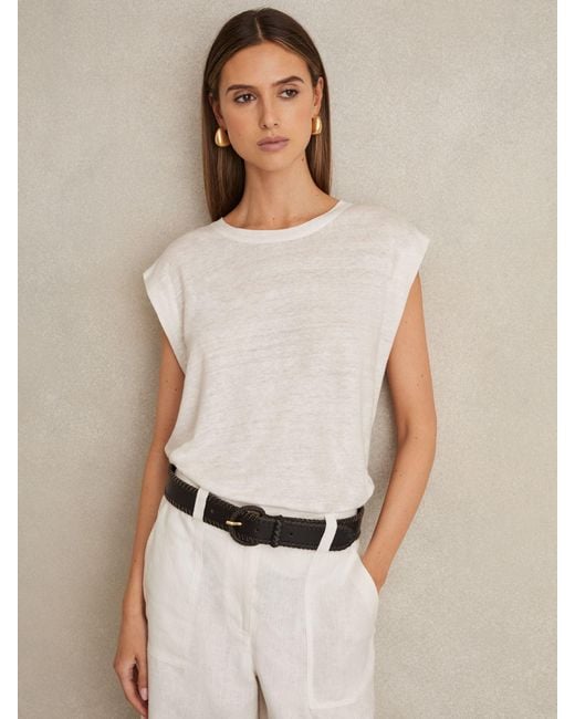 Reiss Natural Mara - White Linen Cap-sleeve T-shirt, L (us 12-14)