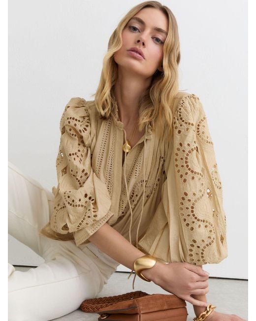Reiss Natural Broderie Anglaise Tie-Neck Blouse
