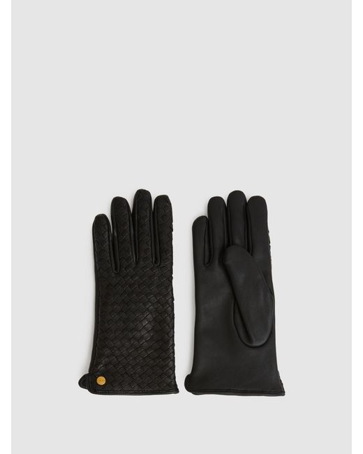 Reiss Giana - Black Woven Leather Gloves, M-l (us 8-14)