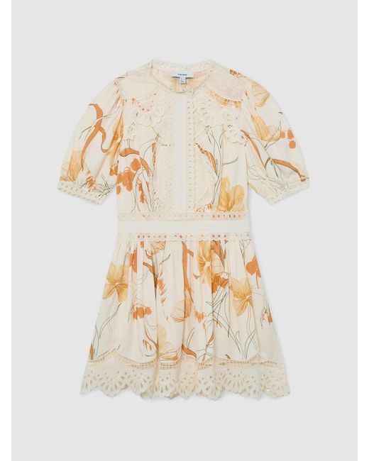 Reiss Natural Floral-Print Lace-Trim Mini Dress
