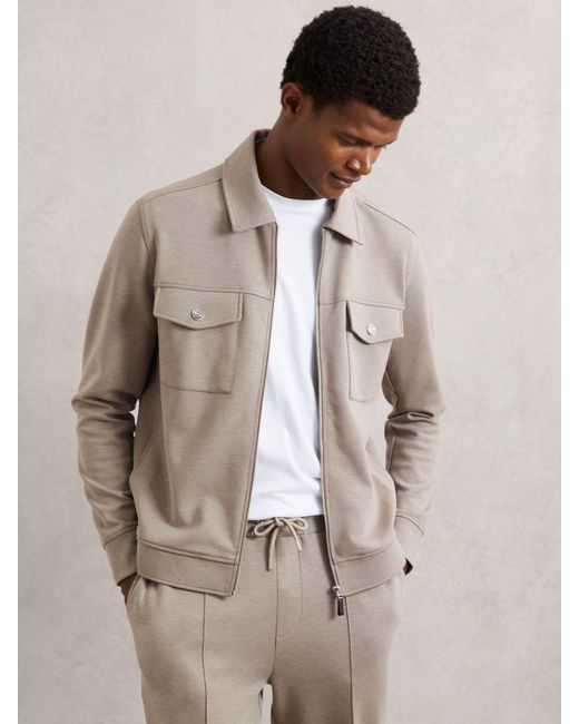 Reiss Natural Medina - Taupe Brown Interlock Jersey Zip-through Jacket, Xxl for men